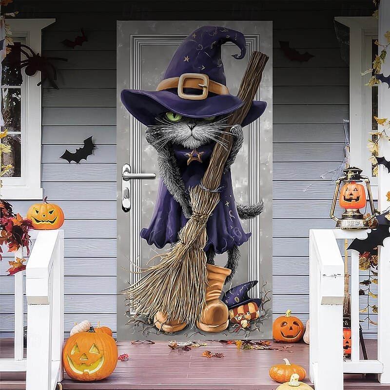 Halloween Door Cover Outdoor Banners Witch Cat Psychedelic Dark Punk Gothic Style Party Outdoor Shooting Backgrounds Front Door Wall Porch Home Decor2