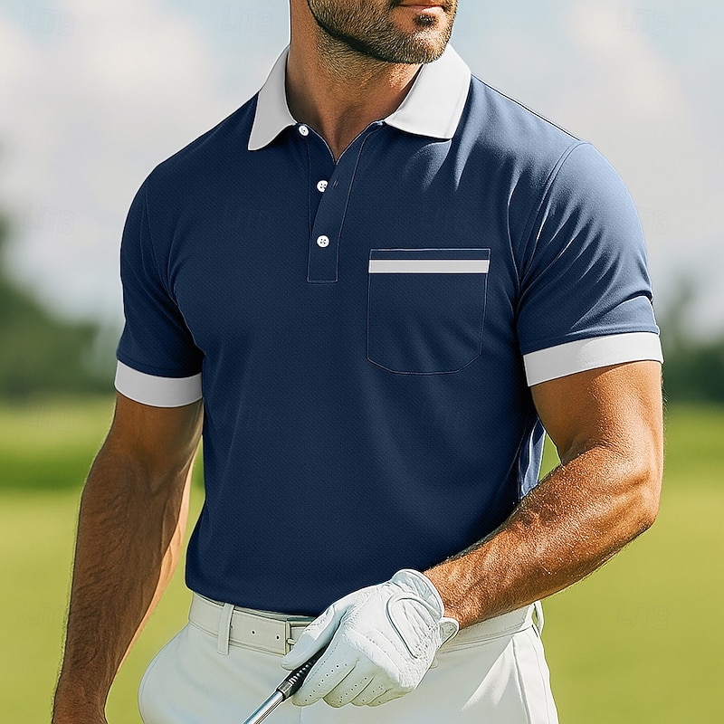 Men's Golf Shirt Pique Polo Shirt Work Casual Lapel Ribbed Polo Collar Short Sleeve Basic Modern Color Block Pocket Summer Spring Regular Fit Black White Light Blue Dark Blue Golf Shirt