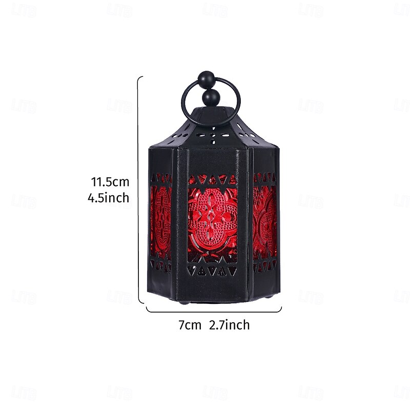 Vintage Hexagon Iron Glass Candle Lantern – Colorful Retro Hanging Tealight Holder with Hollow Design, Windproof Metal Frame for Home Bar Restaurant Decor and Gift4