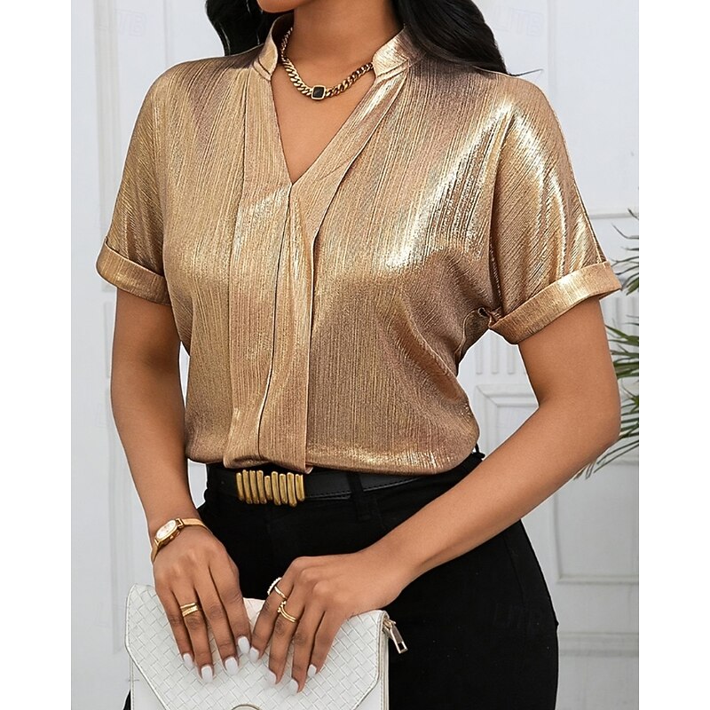 Women's Shirt Velvet Elegant Dressy Plain Stylish Modern Short Sleeve V Neck Regular Tops Holiday Going out Gold Fall2