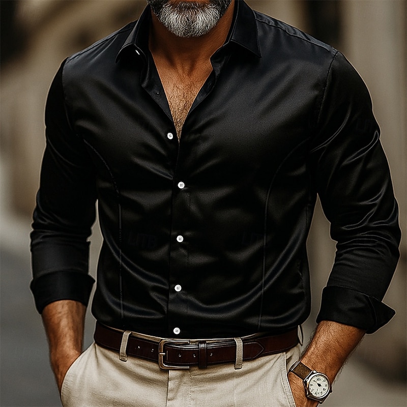 Men's Shirt Silk Like Satin Shirt Dress Shirt Casual Shirt Button Up Shirt Plain Business Streetwear Black Yellow Red Navy Blue Long Sleeve Collar Spring &  Fall All Seasons Clothing Apparel3