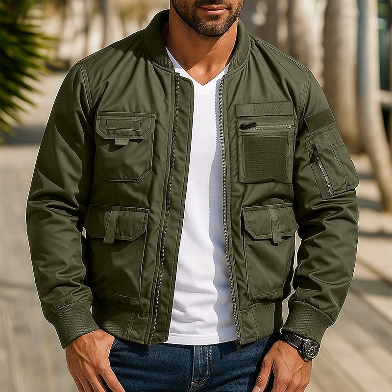 Men's Bomber Jacket Military Jacket Sport Coat Varsity Jacket Sports Outdoor Casual Waterproof Windbreaker Zipper Pocket Spring Fall Winter Solid Color Active Hooded Regular Black Navy Blue Khaki