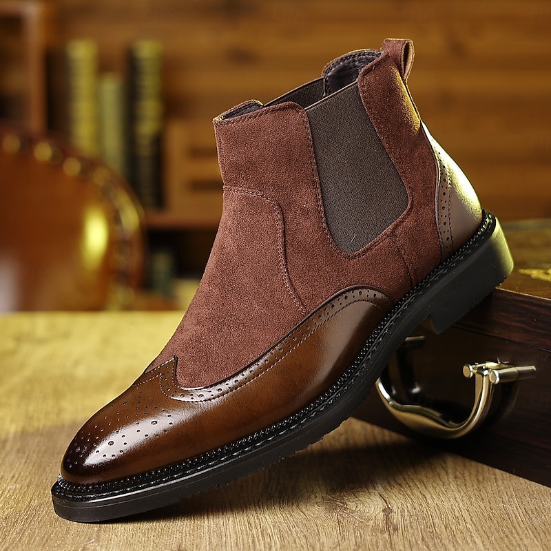 Men's Chelsea Boots with Wingtip Brogue - Classic Business Casual Ankle Boots for Office and Daily Wear