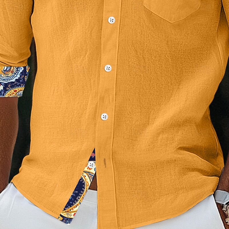Men's Shirt Linen Shirt Summer Shirt Beach Wear Paisley Vacation Casual Yellow Pink Navy Blue Blue Short Sleeve Lapel Summer Spring & Summer Clothing Apparel Color Block3