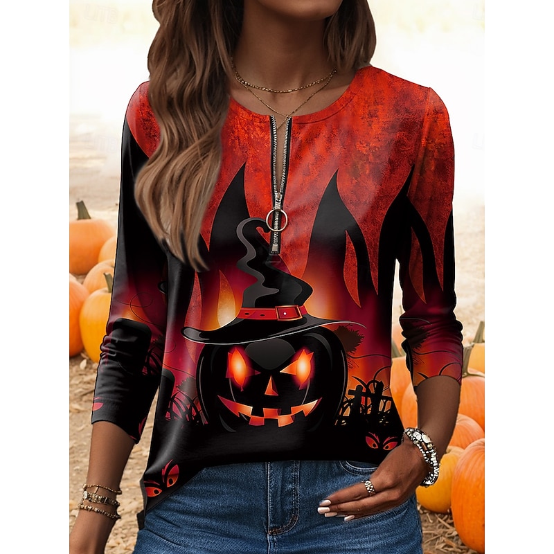 Halloween Women's T shirt Pumpkin Graphic Vintage Stylish Casual Long Sleeve Round Neck Regular Tops Daily Weekend Zipper Print Red Blue Purple Green Fall Winter