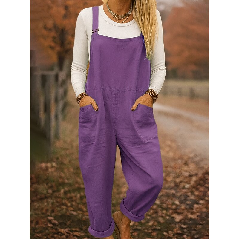 100% Cotton Women's Dungarees Lightweight Solid Color Sleeveless Sleeveless Straight Square Neck with Pocket Vacation Daily Loose Fit Army Green Red Blue Summer3