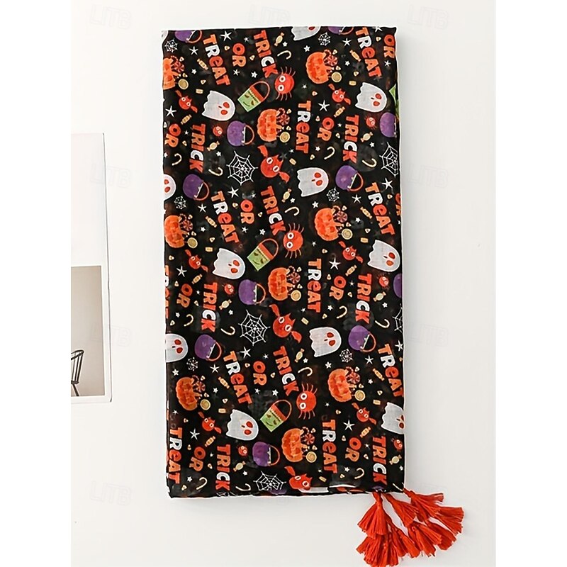 Women's Halloween Trick or Treat Scarf – Lightweight Pumpkin Ghost Print Shawl with Tassels for Costume Parties, Autumn Fashion and Festive Wear4