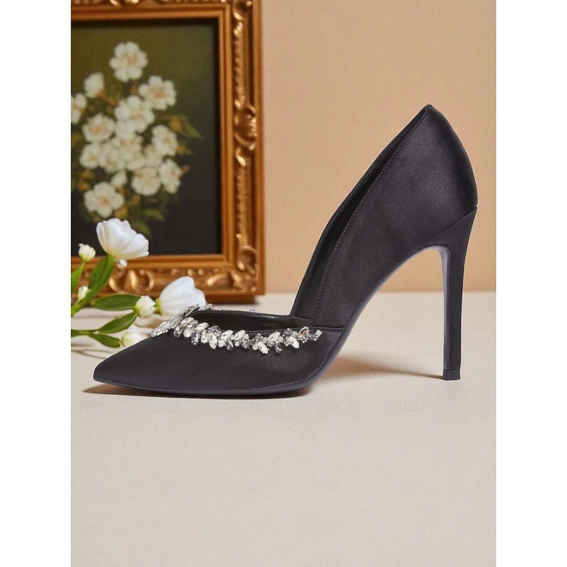 Women's Satin Pointed Toe Heels with Crystal Embellishment, Elegant Cocktail Party Shoes for Special Occasions4