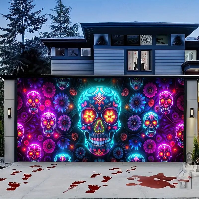 Day of the Dead Garage Door Cover Large Hanging Backdrop Skeleton Mexico Dark Punk Gothic Style Party Outdoor Shooting Backgrounds Front Door Home Decor2
