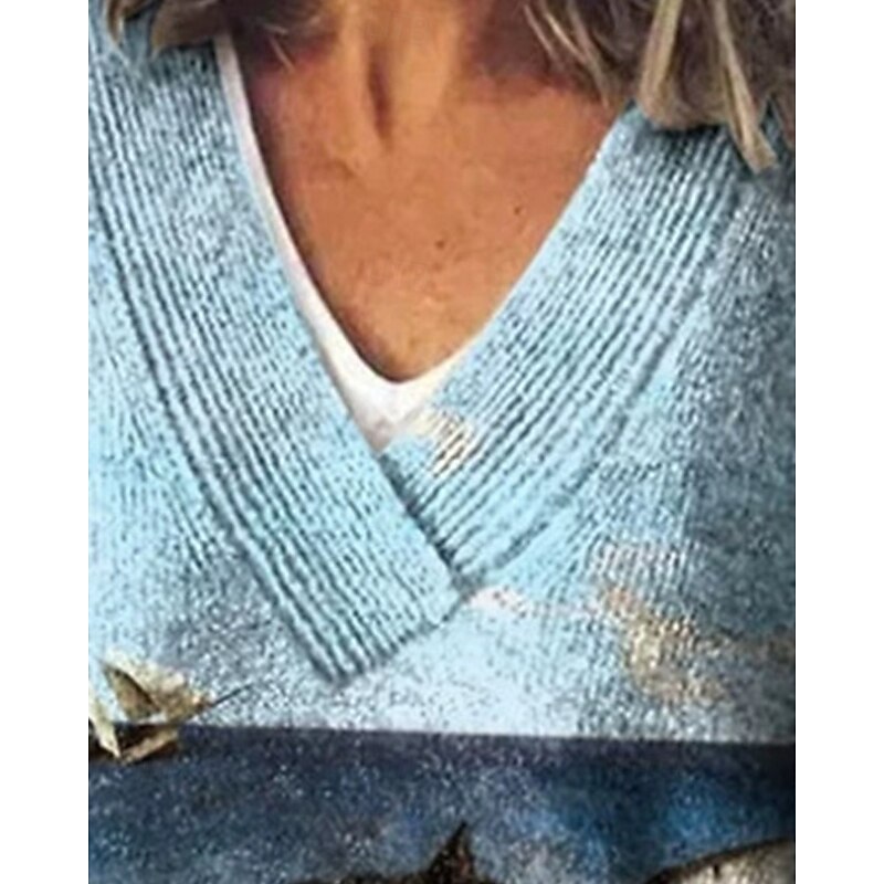 Women's Sweater Fashion Color Block Ribbed V Neck Knitted Long Sleeve Regular Tops Knit Holiday Going out Weekend Blue Fall3