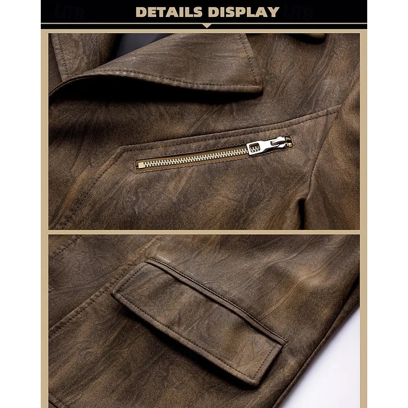 Men's Faux Leather Jacket Faux Leather Blazer Biker Jacket Vacation Daily Windproof Warm Pocket Spring Fall Plain Fashion Classic Lapel Regular Faux Leather Black Coffee Jacket3