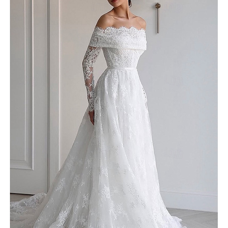 Floral Chantilly Lace Applique Beach Wedding Dress Elegant Off Shoulder Boho Wedding Dresses A-Line Long Sleeve Chapel Train Bridal Gowns Scalloped Hems with Satin Belt 20253