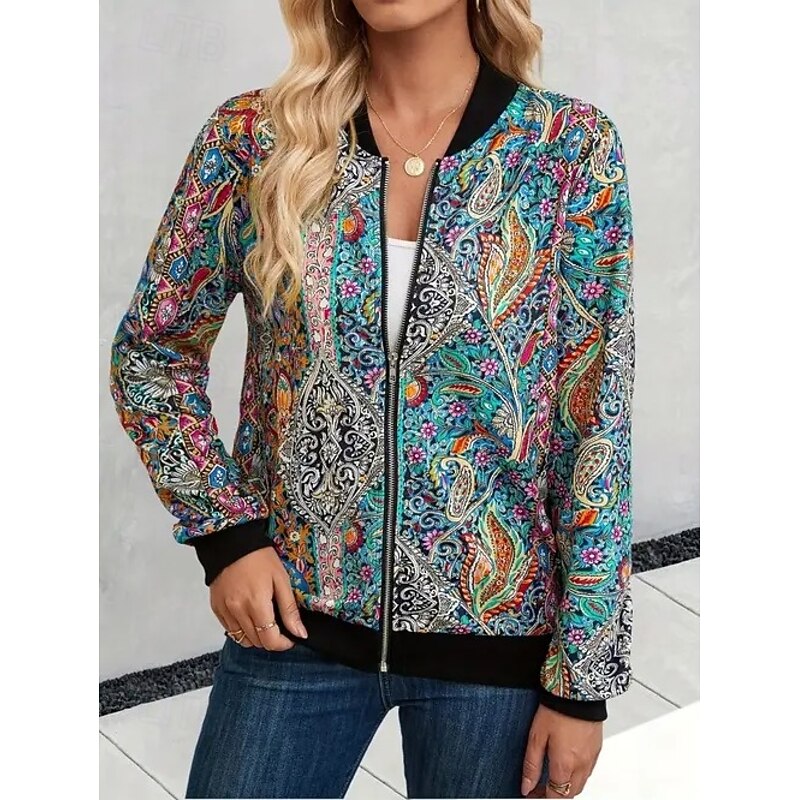 Women's  Bomber Jacket Warm Quick Dry Zipper Pocket Elegant Fashion Daily Simple Floral Vacation Casual Daily Holiday Regular Baseball Collar Regular Fit Long Sleeve Outerwear Black Green Fall2