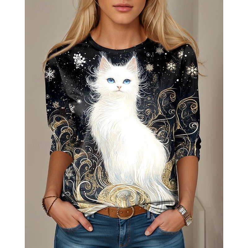 Women's T Shirt Graphic Animal Cat Vintage Fashion Stylish Long Sleeve Crew Neck Regular Tops Daily Print Yellow Blue Purple Green Spring Fall Winter