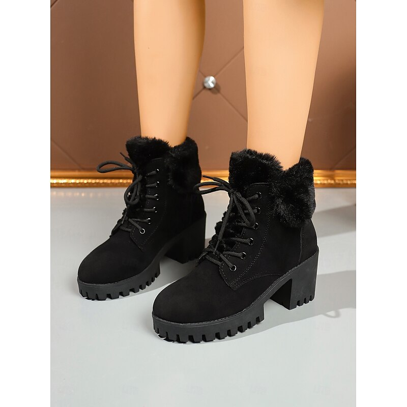 Women's Black Lace-Up Fur Lined Ankle Boots – Chunky Heel Winter Booties with Lug Sole for Cold Weather, Casual & Outdoor Wear2