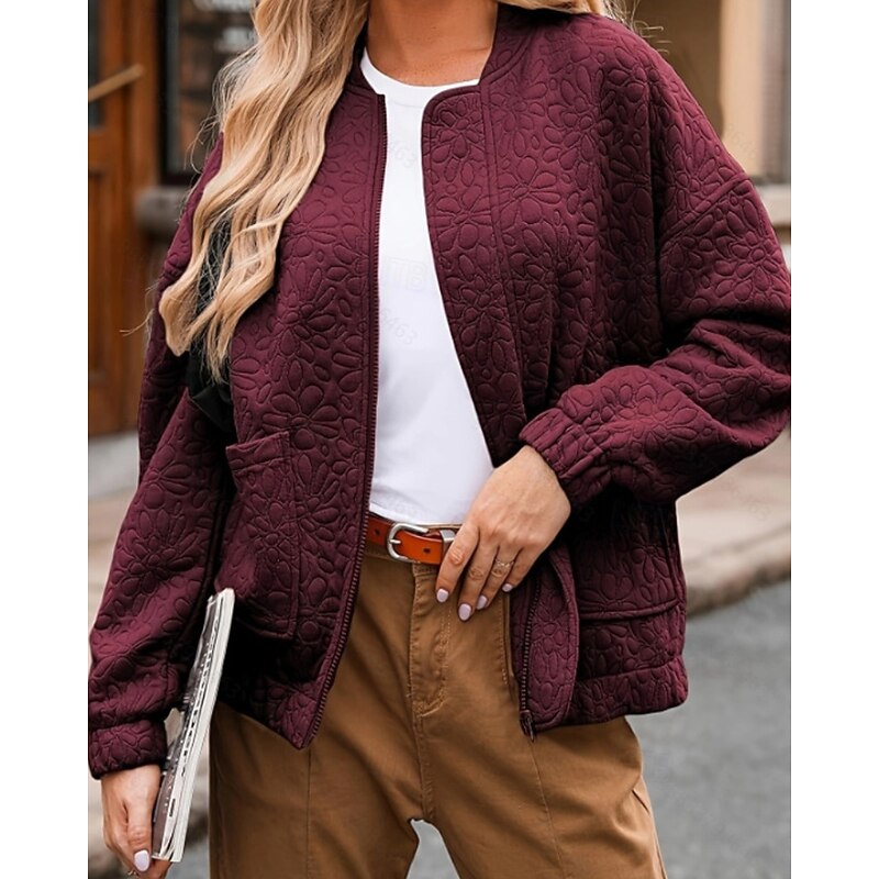Women's Jacket Warm Comfortable Zipper Pocket Fashion Plain Street Weekend Zipper Regular Crewneck Regular Fit Long Sleeve Outerwear Navy White Wine Fall Winter2