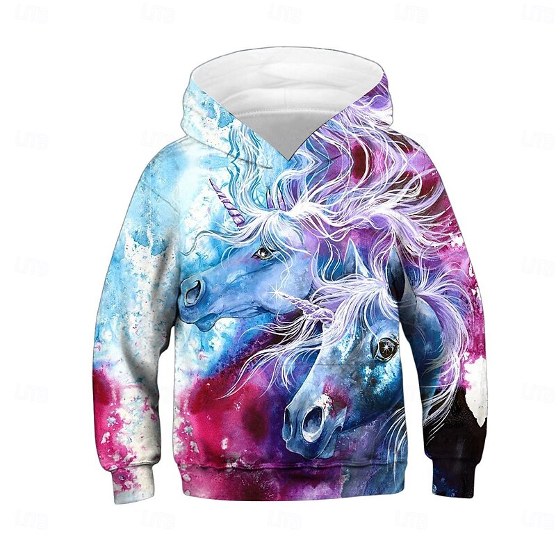 Boys' 3D Unicorn Hoodie Long Sleeve Spring Fall Fashion Streetwear Kids 4-12 Years Hooded Outdoor Casual Daily Regular Fit3