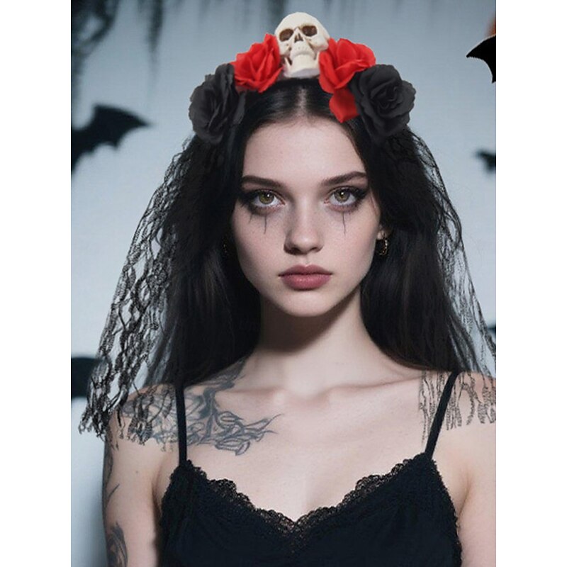 Women's Skull Headband with Red and Black Roses and Lace Veil, Gothic Halloween Costume Hair Accessory for Party2