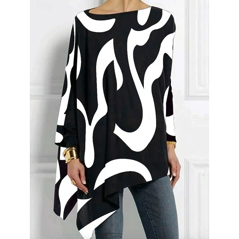 Women's T shirt Long Sleeve Graphic Geometric Abstract Vintage Stylish Classic Long Sleeve Crew Neck Long Tops Daily Print Asymmetrical Black Red Blue Purple Spring Fall Prefall