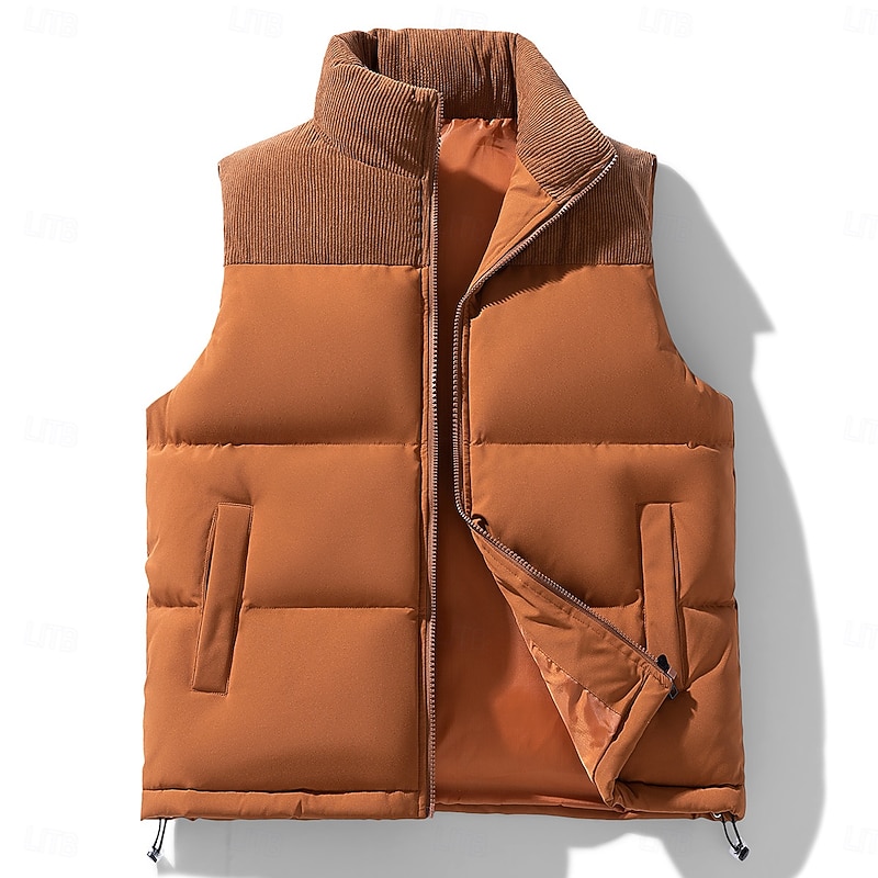 Men's Puffer Vest Corduroy Vest Quilted Vest Vacation Casual Daily Wear Going out Fashion Basic Spring &  Fall Zipper Padded 100% Polyester Corduroy Comfortable Color Block Zipper Stand Collar