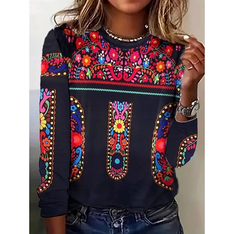 Women's T Shirt Floral Graphic Tribal Vintage Fashion Stylish Long Sleeve Crew Neck Round Neck Regular Tops Daily Weekend Print Red Spring Fall Winter