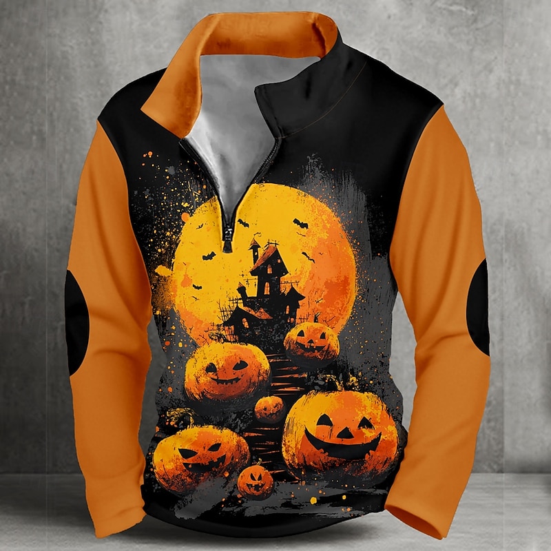 Halloween Men's Pumpkin Sweatshirt Punk Gothic Long Sleeve High Neck Party Club Orange Zipper Quarter Zip Fall Winter Designer
