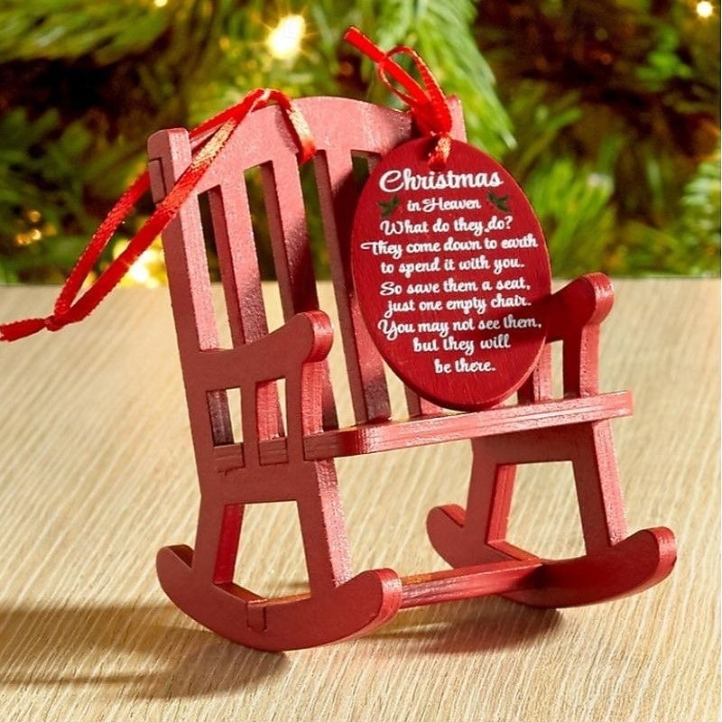 Christmas in Heaven Rocking Chair Ornament Xmas Memorial Decoration, Wooden Mini Rocking Chair Figurine, Cute Handmade Tabletop Desk Decor, Wooden Craft Ornament for Bedroom Holiday Decoration