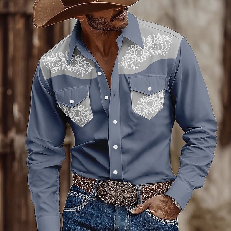 Men's Floral Print Ethnic Flowers Shirt Western Shirt Cowboy Shirt Long Sleeve Vintage Retro Outdoor Casual WorkWear Summer Spring Fall Turndown Front Two Pockets Button Up Shirts Light Pink Brown2