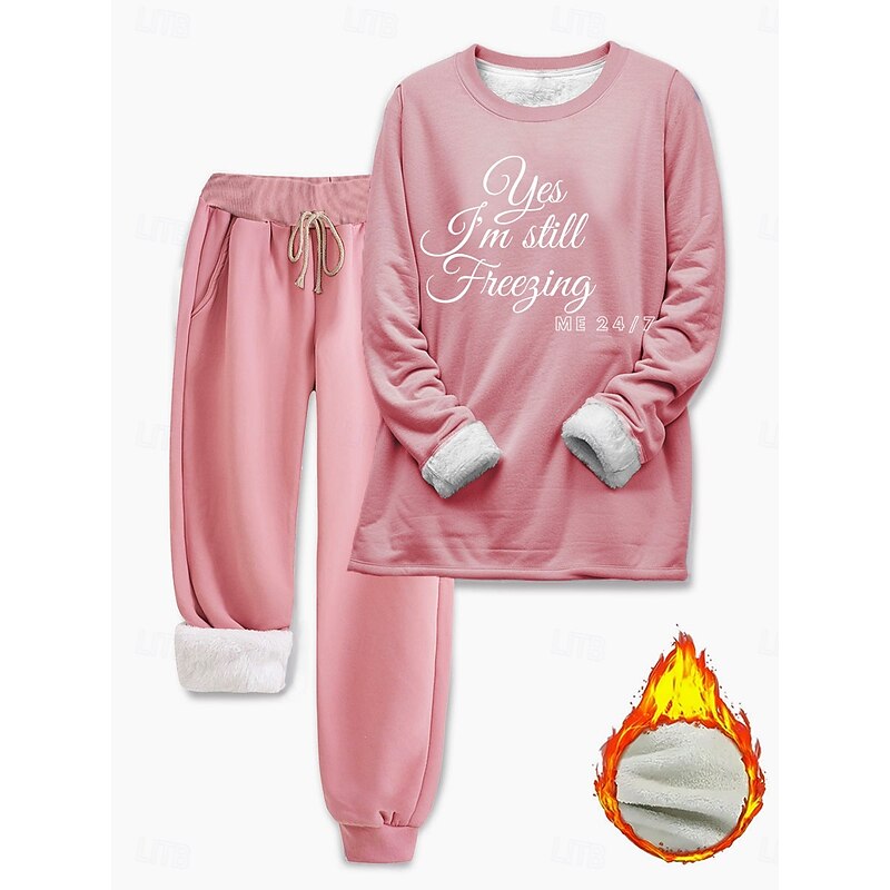 Women's Warm Fashion Two Piece Sets Tracksuit Pants Sets Long Sleeve Bishop Sleeve Crew Neck Graphic Letter Print Outdoor Vacation Daily Black Pink Dark Pink Spring Regular Fit4
