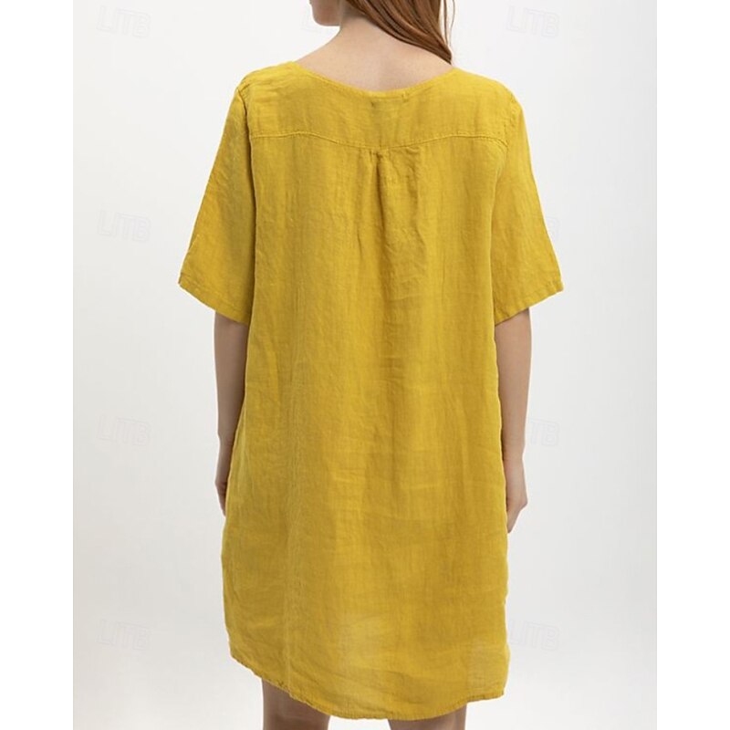 Women's Midi Dress Cotton Linen Dress Classic Modern Outdoor Going out Weekend Regular Fit Plain Half Sleeve V Neck Yellow Navy Blue Dark Gray Summer3