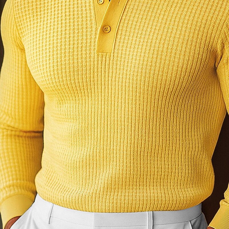 Men's Waffle Polo Shirts Golf Shirt Street Casual Lapel Long Sleeve Basic Modern Plain Textured Buttons Spring Fall All Seasons Regular Fit White Black Blue Yellow Waffle Polo Shirts3
