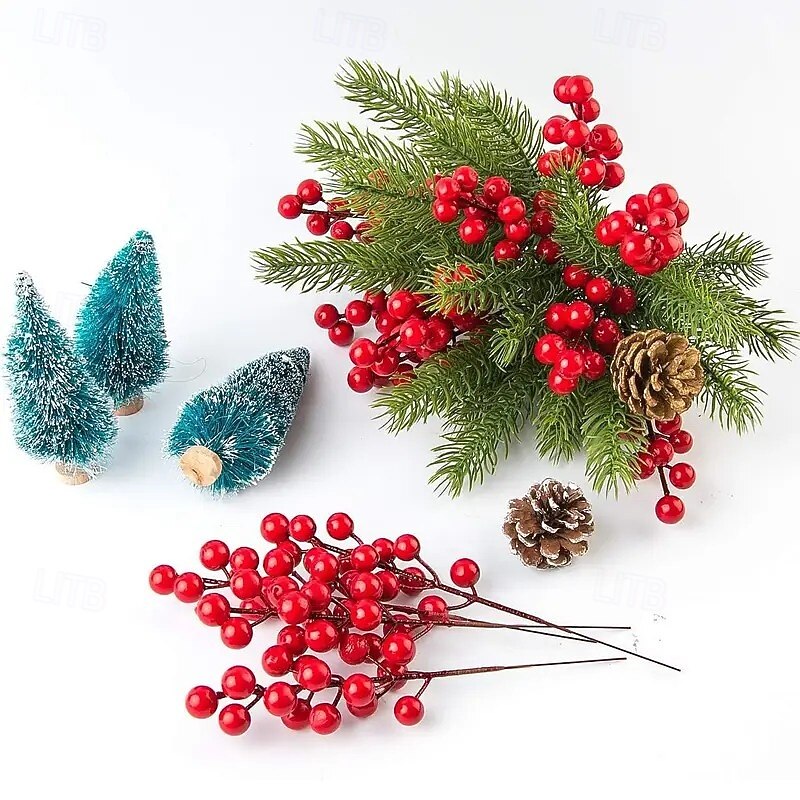 30pcs Christmas Artificial Pine Branches with Holly Red Berries – Christmas Wreath and Tree Decorative Stems for Holiday Decor4