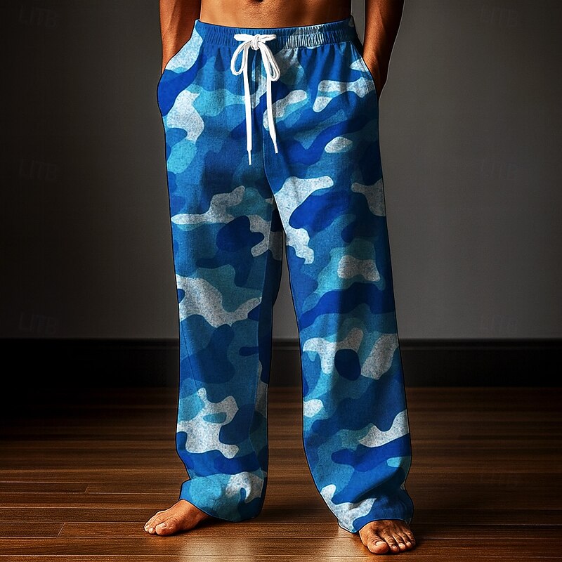 Men's Trousers Baggy Pants Casual Pants Elastic Drawstring Waist Linen-Like Pants with Pockets Camo Camouflage Full Length Outdoor Vacation Classic Style Army Green Purple Inelastic4