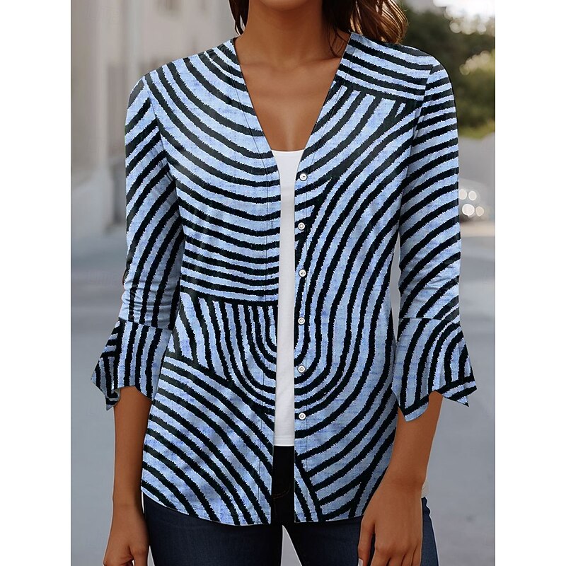 Women's T Shirt Graphic Geometric Elegant Vintage Stylish 3/4 Length Sleeve V Neck Regular Tops Daily Going out Ruffle Buttons Pink Blue Green Khaki Summer Spring Fall2