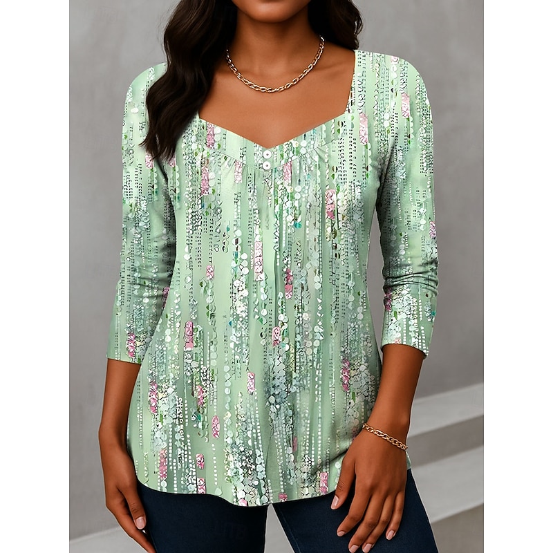 Women's T shirt Long Sleeve Ombre Graphic Vintage Fashion Stylish Long Sleeve V Neck Asymmetric Neck Regular Tops Daily Weekend Vacation Wear Buttons Print Blue Purple Green  Spring Prefall