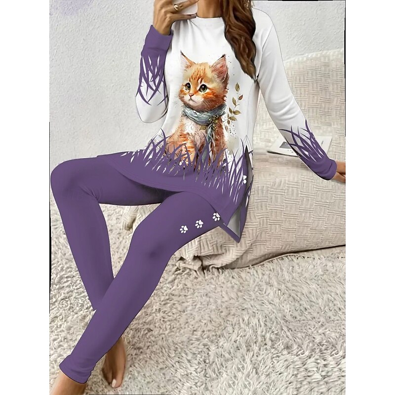Women's Pajama Set Loungewear Round Neck Long Sleeve Casual Fashion Pants Sets Graphic Animal Cat Print Daily Daily Blue Purple Green Regular Fit