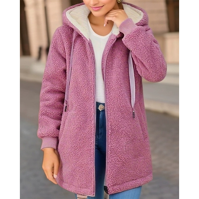 Women's Fleece Jacket Casual Jacket Warm Comfortable Zipper Pocket Fashion Outdoor Plain Going out Weekend Zipper Regular Hooded Regular Fit Long Sleeve Outerwear Pink Blue Green Fall Winter2