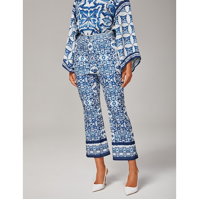 Women's Blue and White Porcelain Print Flare Pants Stretch Fabric Placement Print Elegant Stylish Casual Daily Fall