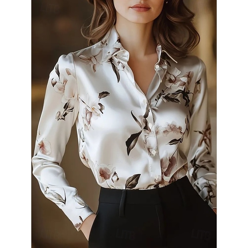 Women's Work Shirt Floral Elegant Stylish Casual Long Sleeve Shirt Collar Regular Tops Work Party Evening Wear Date Night Outfits Black White Pink Blue Fuchsia Spring, Fall, Winter, Summer2