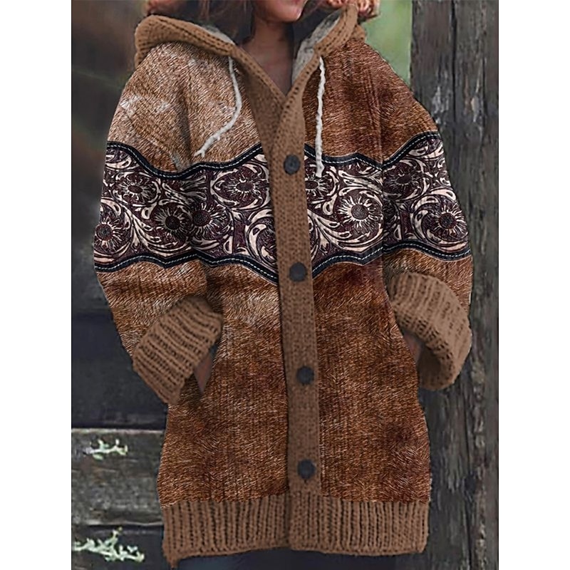 Women's Cardigan Vacation Vintage Daily Floral Ribbed Hooded Knitted Print Front Pocket Long Sleeve Regular Tops Knit Outdoor Daily Holiday Brown Fall Winter