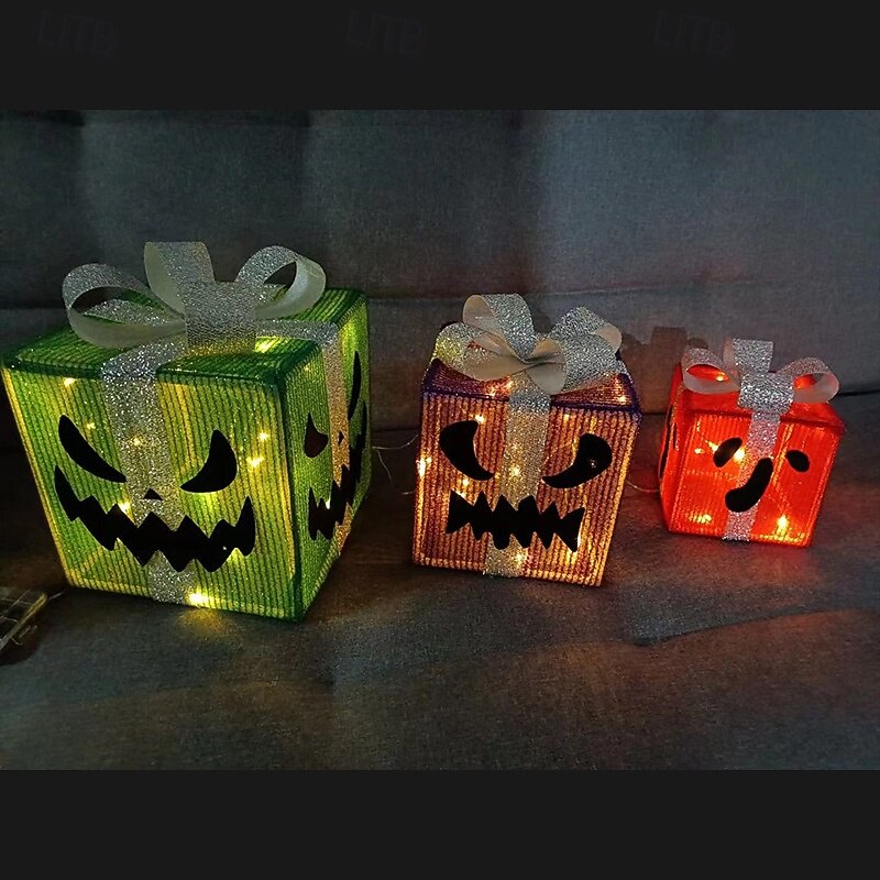 1 Set of 3 Pcs 15.5/20.5/25.5CM Halloween pumpkin face glowing gift box decoration light indoor and outdoor party atmosphere light AAA battery box2
