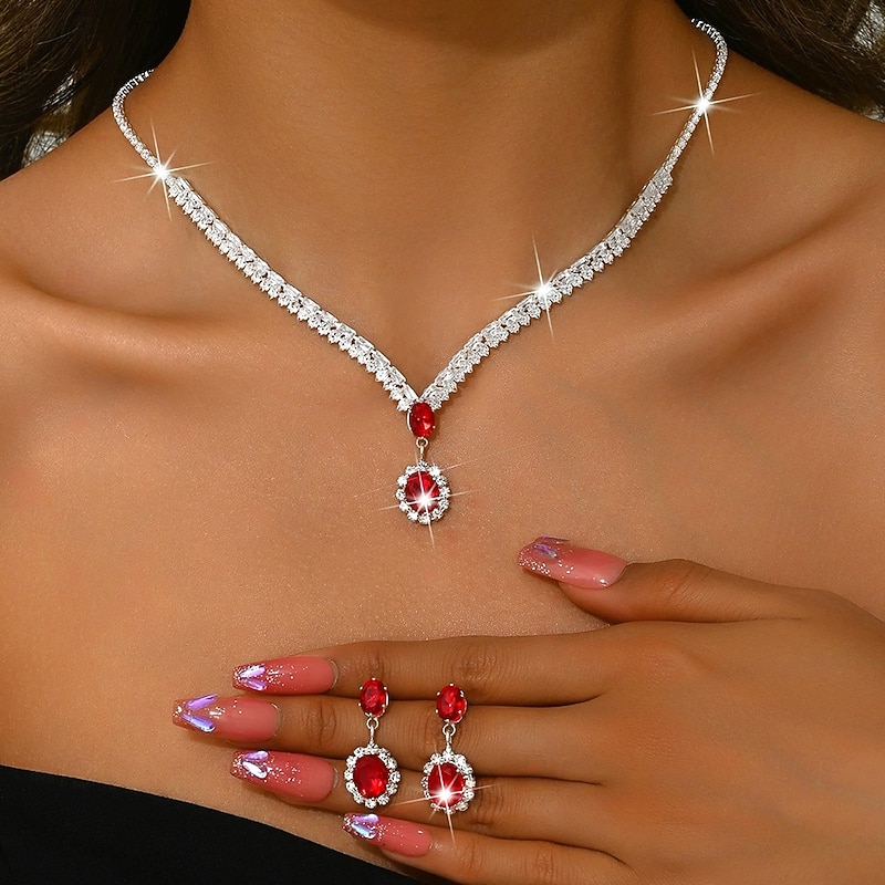 Jewelry Set 3pcs Rhinestone Chrome Earrings Necklace Women's Elegant Vintage Dainty Geometrical Geometric Jewelry Set For Wedding Party Wedding Guest