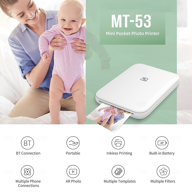 HPRT Wireless Portable Photo Printer - Mini colour printer for iOS/Android devices - Direct printing from mobile phones - High-definition colour reproduction (5 sheets of paper included)2