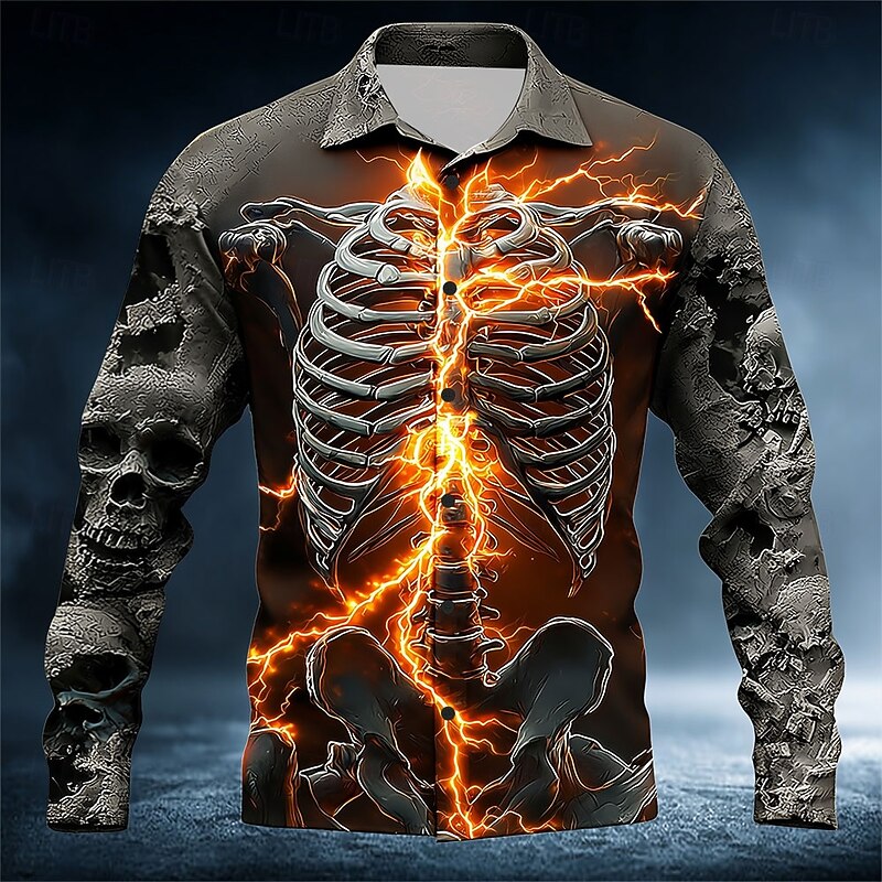 Halloween Men's Skull Lightning Skeleton Shirt Button Up Shirt Long Sleeve Dark Gothic Style Outdoor Holiday Summer Spring Turndown 3D Print Collared Shirts Dark Gray Gray