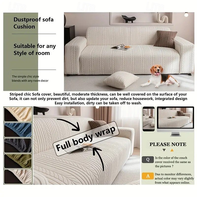 Washable, Elastic 1pc Striped Sofa Cover Anti-Scratch & Non-Slip Couch Protector for All Seasons, Fits Single to Four-Seater Sofas, White Textured Fabric with Herringbone Pattern, Perfect for Living3