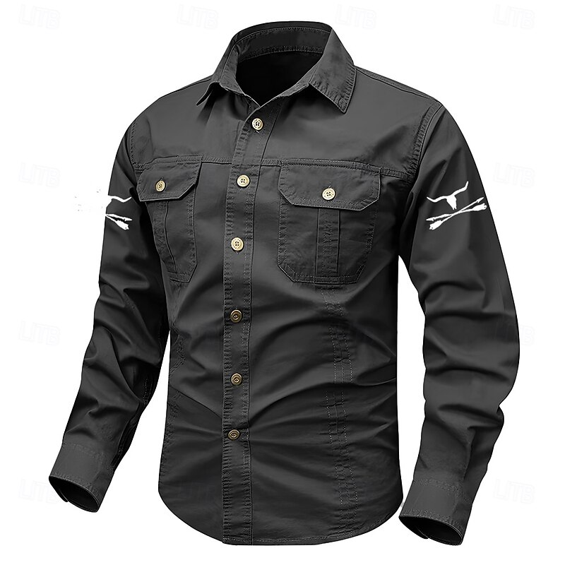 Men's Cow Print Work Shirt Western Shirt Cargo Shirt Long Sleeve Casual Tactical Sports Outdoor WorkWear Spring Fall Turndown Front Two Pockets Button Up Shirts Black Army Green Dark Blue2