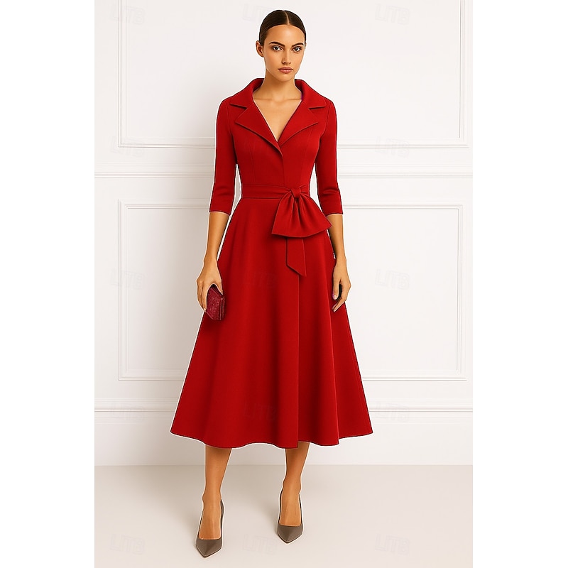 Red Portrait Collar A-Line Cocktail Dresses Elegant Dress Formal Wedding Tea Length Midi Length 3/4 Length Sleeve Stretch Crepe with Bow(s) 2025