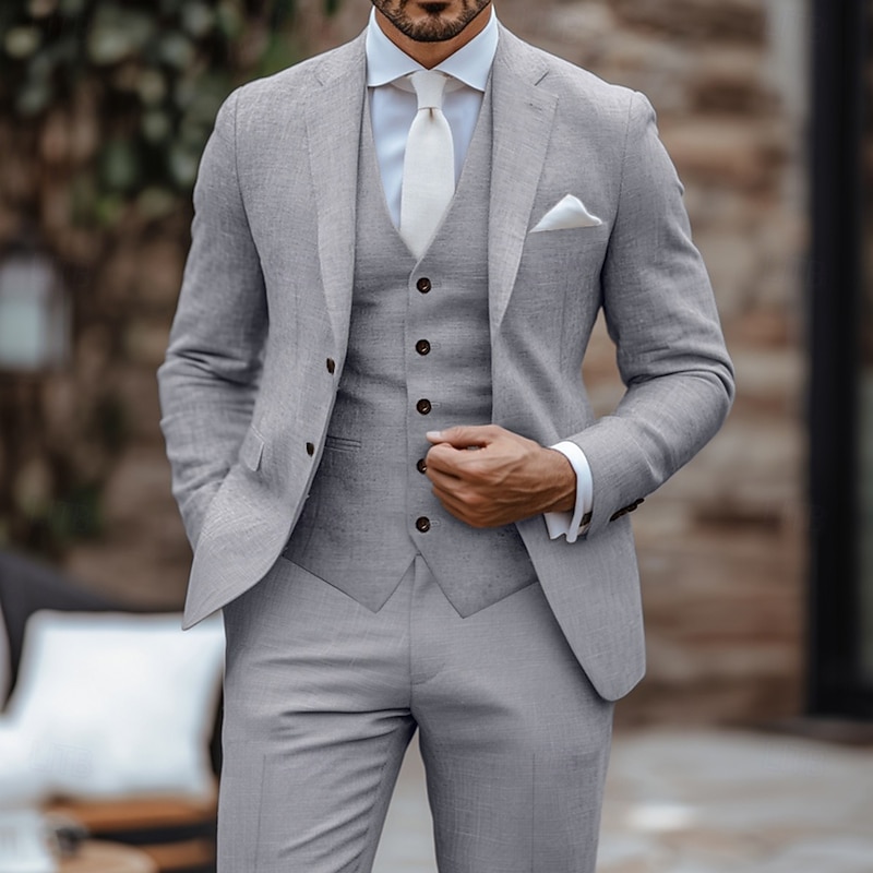 Men's Wedding Party Evening Wear Linen Suits Notch Lapel White Pink Fashion Business Solid Colored Slim Fit 3 Piece Single Breasted Two-buttons3