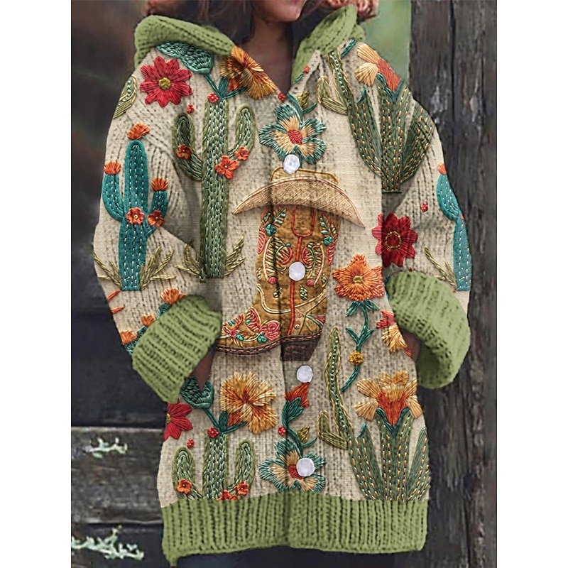 Women's Cardigan Vacation Daily Floral Ribbed Hooded Knitted Print Front Pocket Long Sleeve Regular Tops Knit Outdoor Daily Holiday White Yellow Fall Winter4