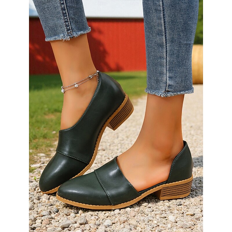 Women's Dark Green Faux Leather Block Heel Loafers – Casual Side Cut Low Heel Shoes for Work, Shopping and Outdoor Wear